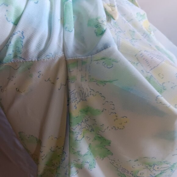 Small 32 Vintage 70's Sheer Nylon Disco Shirt Blouse Scenic Country Print Green - Picture 7 of 10
